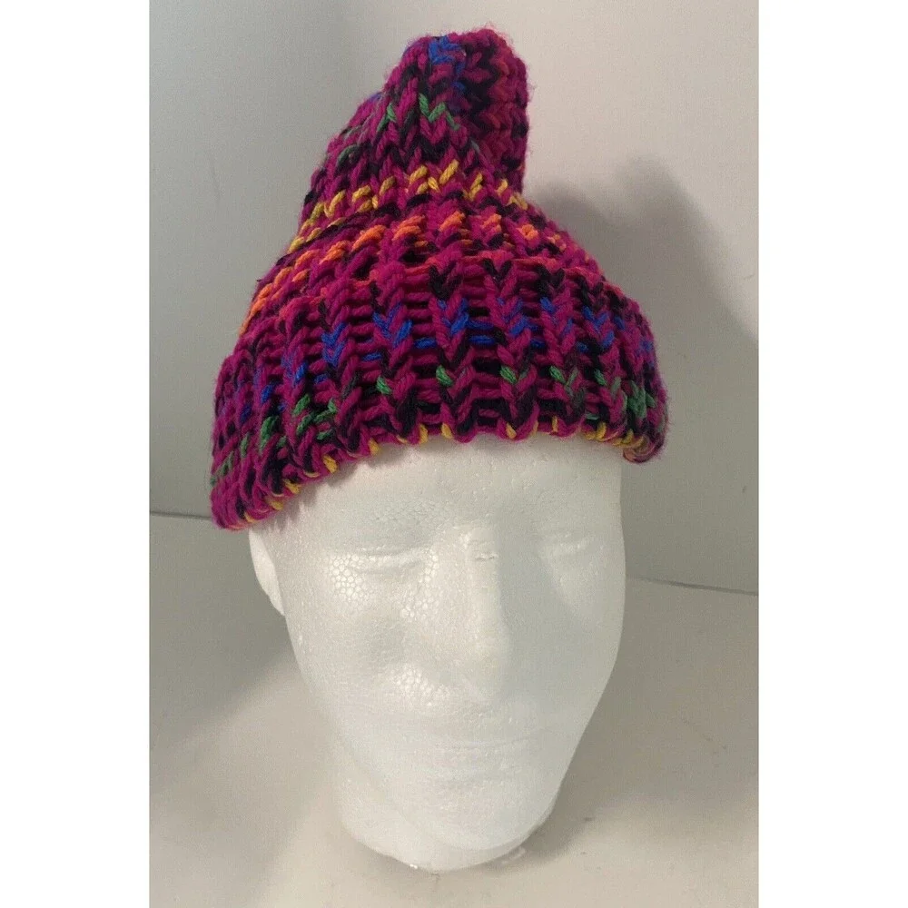 Colorful Hand Knit Ski Cap Pink Purple Grene Yellow  One Size
